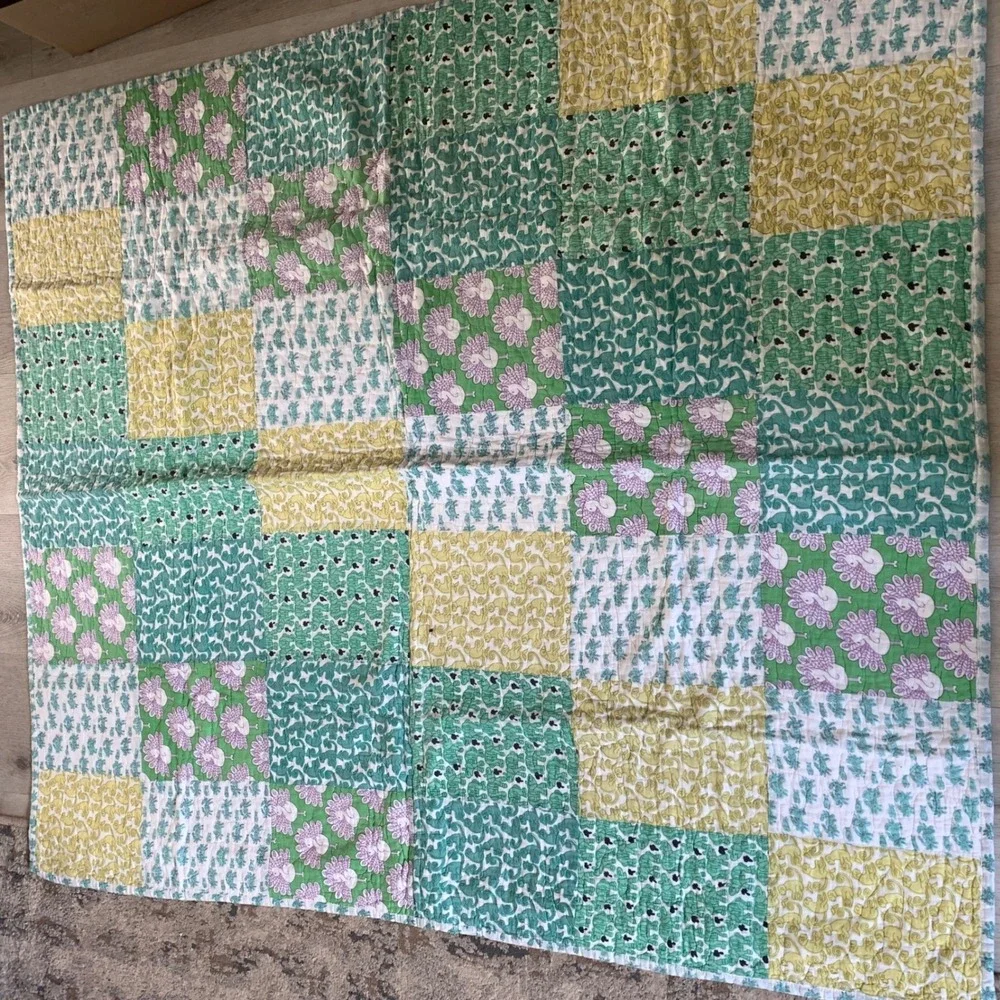 Quilted Patchwork Throw Blanket Multi Green 100% Cotton Block Print Animal‎
